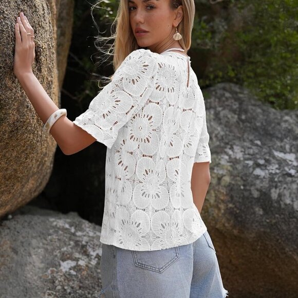 Women's Eyelet Tops Puff Short Sleeve Blouses Dressy Casual Cute Hollow Out Croc - Picture 8 of 10